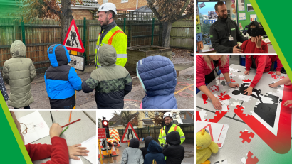 Collage of images of students at Glebeland Primary School and HW Martin employees making a giant puzzle, using a virtual reality headset, drawing and learning how to be safe around roadworks
