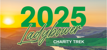 An image of Ladybower Reservoir overlaid with text announcing the 2025 Ladybower Charity Trek